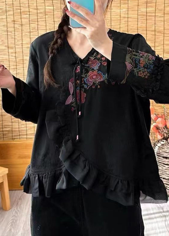 Loose Black V Neck Ruffled Embroideried Floral Button Shirt Long Sleeve