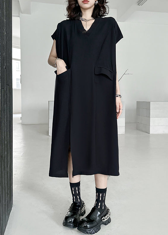 Loose Black V Neck Side Open Pockets Patchwork Cotton Dresses Summer