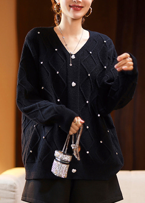 Loose Black V Neck Zircon Patchwork Cotton Knit Sweaters Long Sleeve