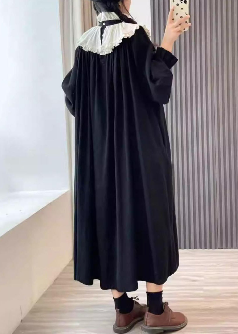 Loose Black Wrinkled Pockets Cotton Dress Long Sleeve