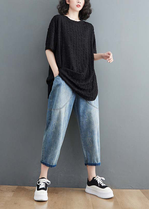 Loose Black Wrinkled Side Open Cotton T Shirt Top Summer