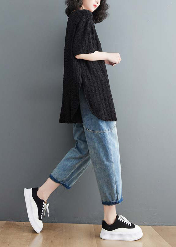 Loose Black Wrinkled Side Open Cotton T Shirt Top Summer