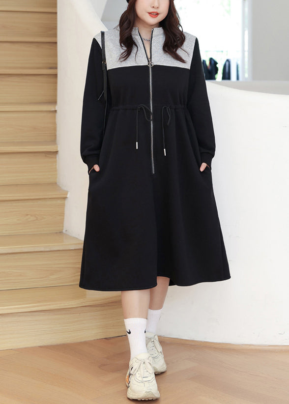 Loose Black Zip Up Drawstring Pockets Warm Fleece Long Dresses Fall