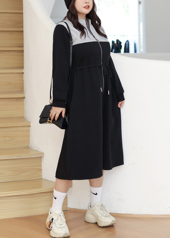 Loose Black Zip Up Drawstring Pockets Warm Fleece Long Dresses Fall