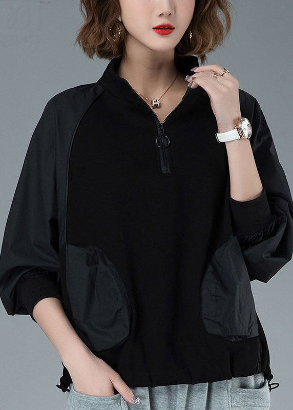 Loose Black Zip Up Patchwork Pockets Cotton Pullover Sweatshirt Spring