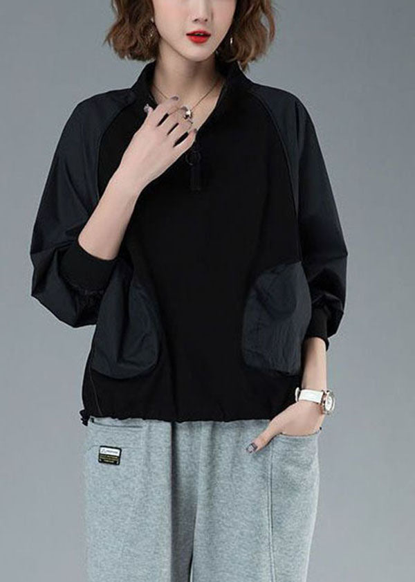 Loose Black Zip Up Patchwork Pockets Cotton Pullover Sweatshirt Spring