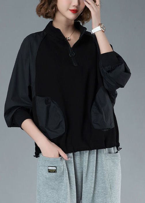 Loose Black Zip Up Patchwork Pockets Cotton Pullover Sweatshirt Spring