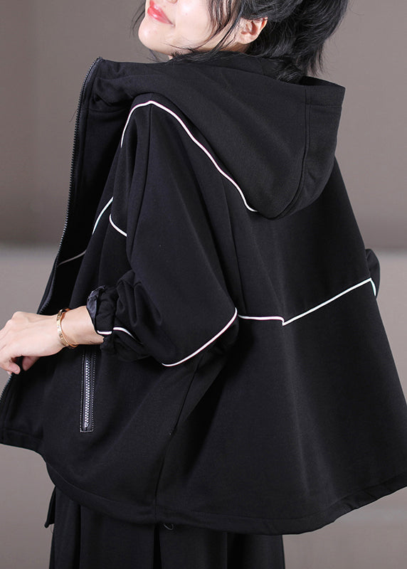 Loose Black Zippered Patchwork Pockets Cotton Hooded Coat Long Sleeve