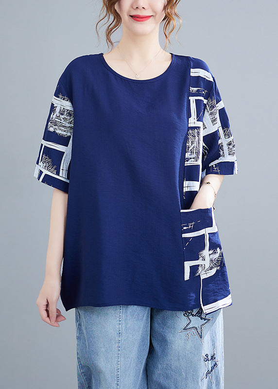 Loose Blue Asymmetrical Design Print Cotton Tanks Short Sleeve - Omychic