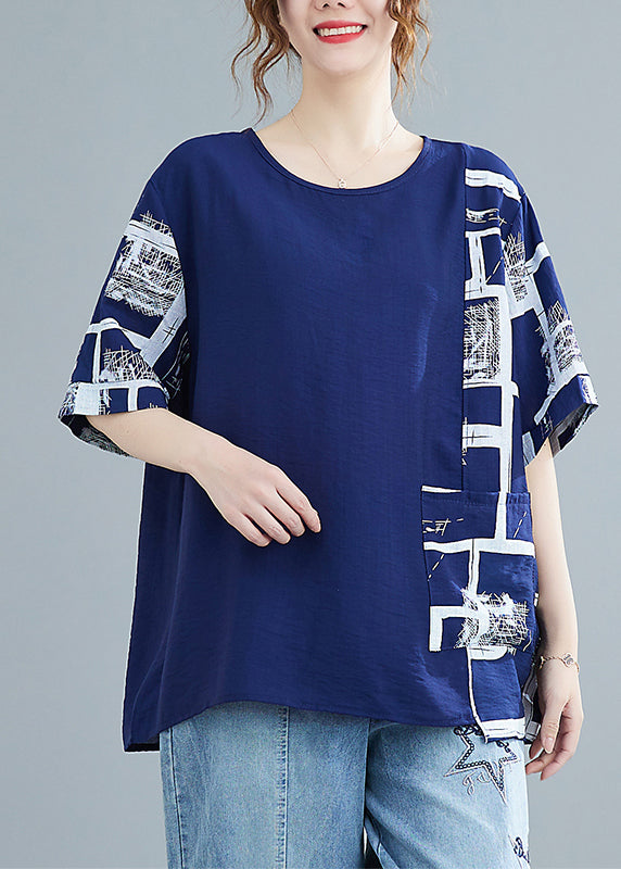 Loose Blue Asymmetrical Design Print Cotton Tanks Short Sleeve - Omychic