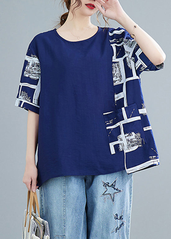 Loose Blue Asymmetrical Design Print Cotton Tanks Short Sleeve - Omychic