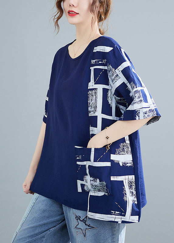 Loose Blue Asymmetrical Design Print Cotton Tanks Short Sleeve - Omychic