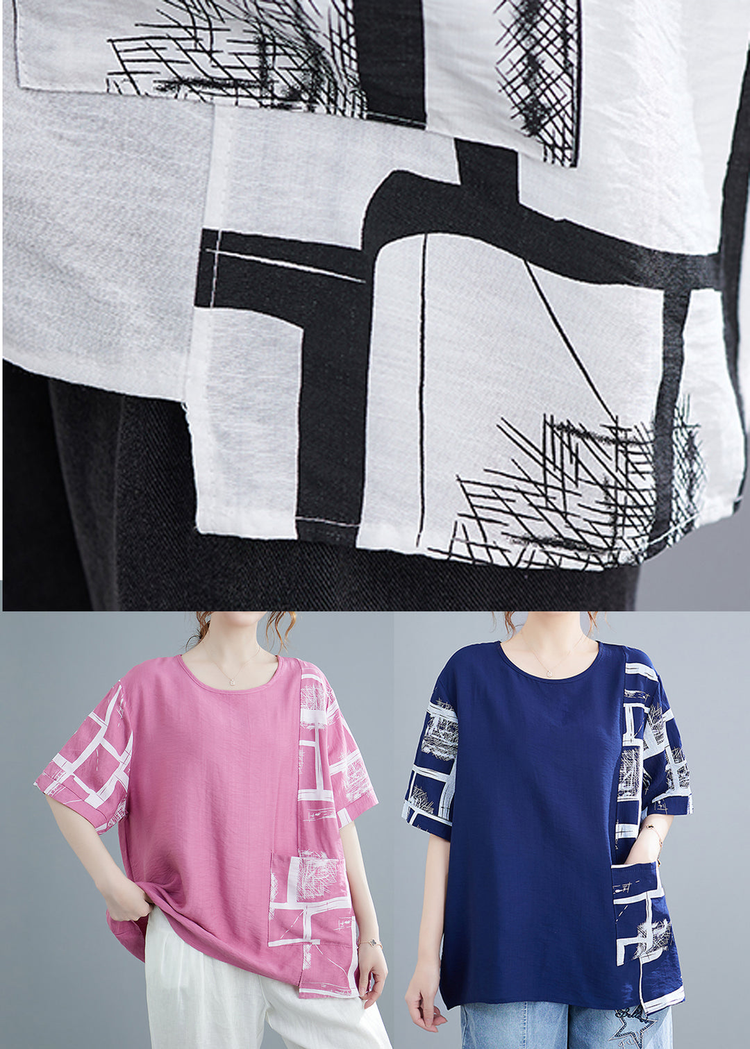 Loose Blue Asymmetrical Design Print Cotton Tanks Short Sleeve - Omychic