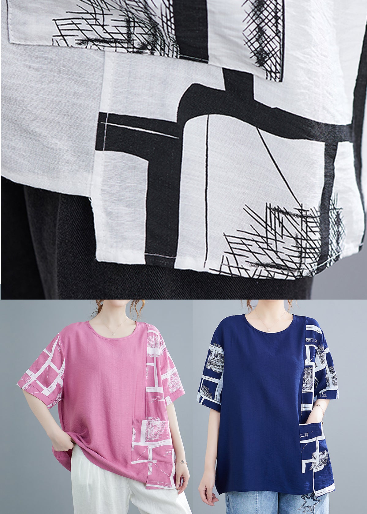 Loose Blue Asymmetrical Design Print Cotton Tanks Short Sleeve - Omychic