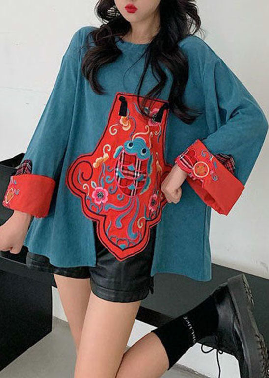 Loose Blue Asymmetrical Embroideried Patchwork Sweatshirt Streetwear Spring