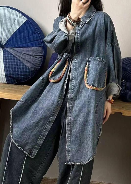 Loose Blue Button Pockets Patchwork Denim Shirts Long Sleeve