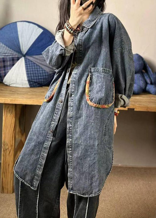 Loose Blue Button Pockets Patchwork Denim Shirts Long Sleeve