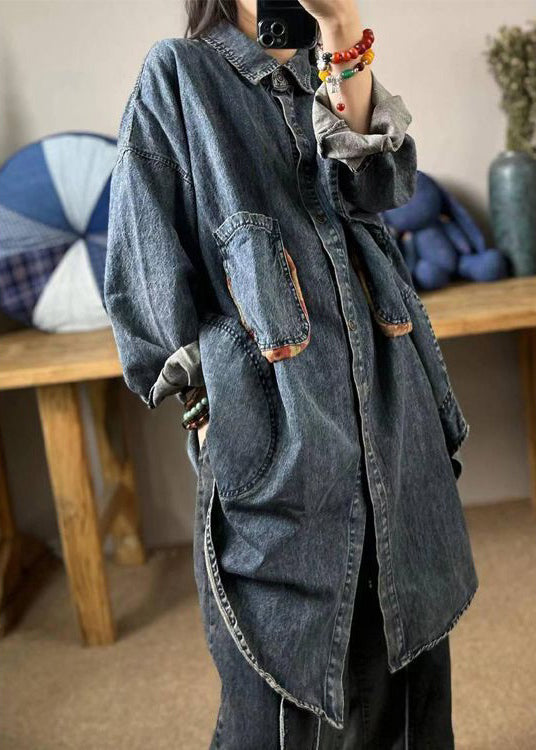 Loose Blue Button Pockets Patchwork Denim Shirts Long Sleeve