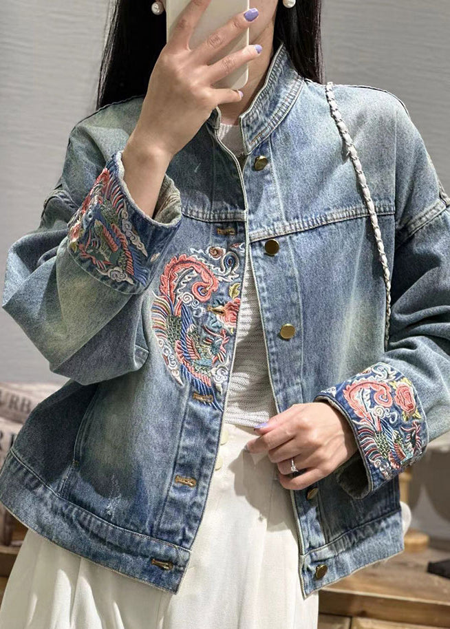 Loose Blue Embroideried Button Patchwork Denim Coat Fall