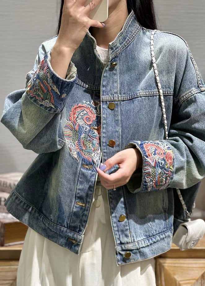 Loose Blue Embroideried Button Patchwork Denim Coat Fall