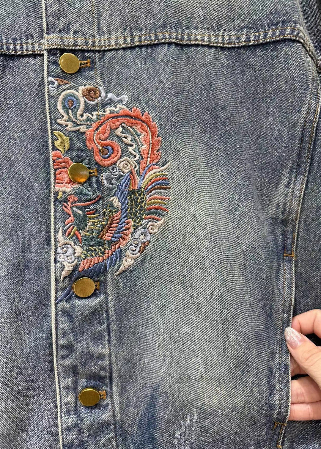 Loose Blue Embroideried Button Patchwork Denim Coat Fall