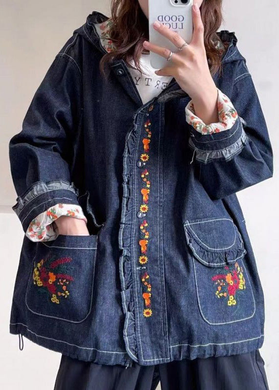 Loose Blue Hooded Embroidered Pockets Denim Coat Long Sleeve