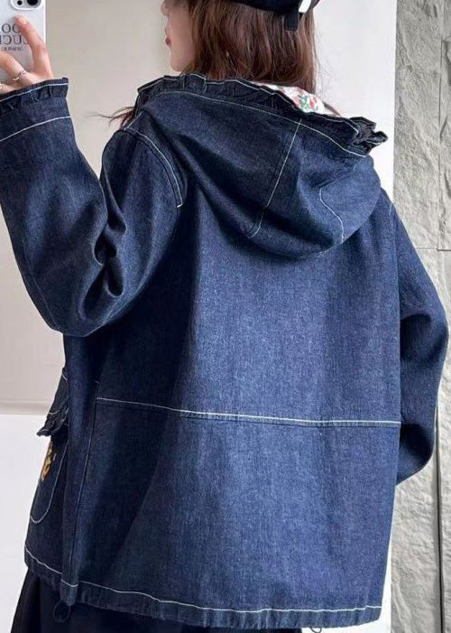 Loose Blue Hooded Embroidered Pockets Denim Coat Long Sleeve