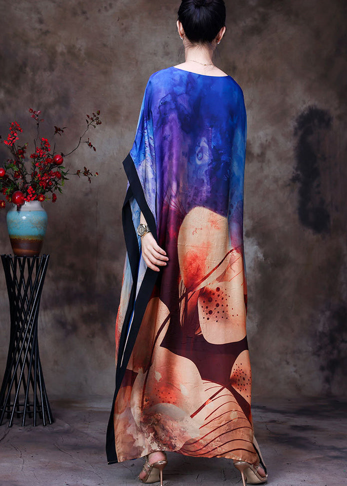 Loose Blue O-Neck Asymmetrical Print Silk Vacation Dress For Women Batwing Sleeve