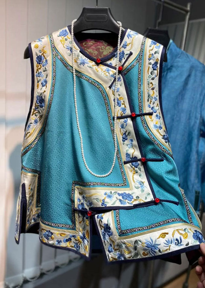 Loose Blue O-Neck Embroideried Floral Patchwork Silk Waistcoat Fall