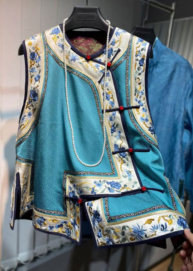 Loose Blue O-Neck Embroideried Floral Patchwork Silk Waistcoat Fall