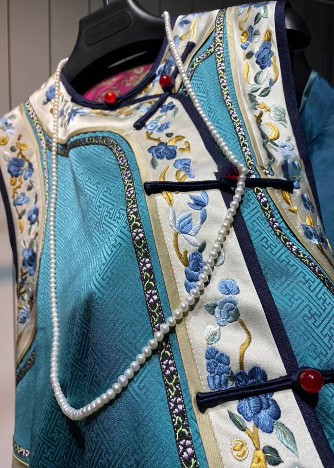 Loose Blue O-Neck Embroideried Floral Patchwork Silk Waistcoat Fall