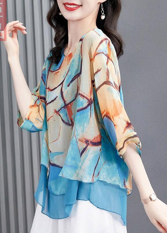 Loose Blue O-Neck Print layered Chiffon Tops Long Sleeve