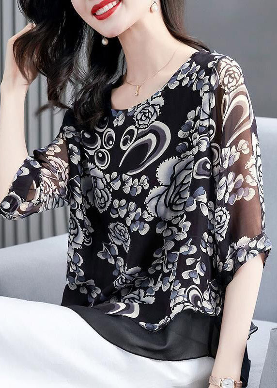 Loose Blue O-Neck Print layered Chiffon Tops Long Sleeve