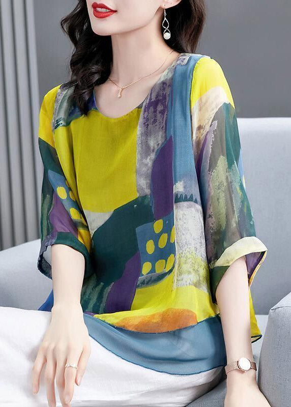 Loose Blue O-Neck Print layered Chiffon Tops Long Sleeve