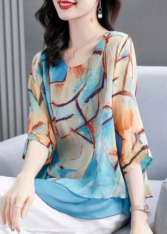 Loose Blue O-Neck Print layered Chiffon Tops Long Sleeve