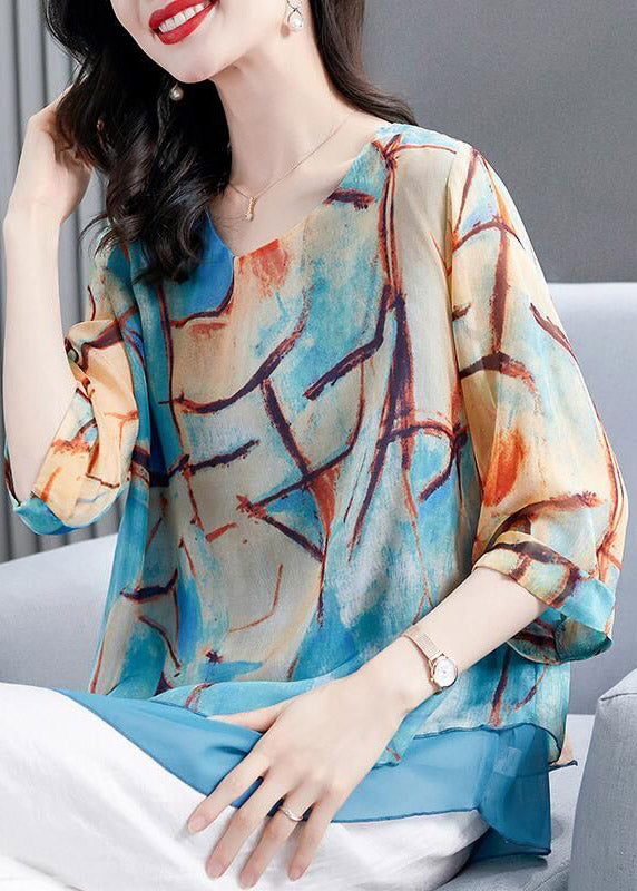 Loose Blue O-Neck Print layered Chiffon Tops Long Sleeve