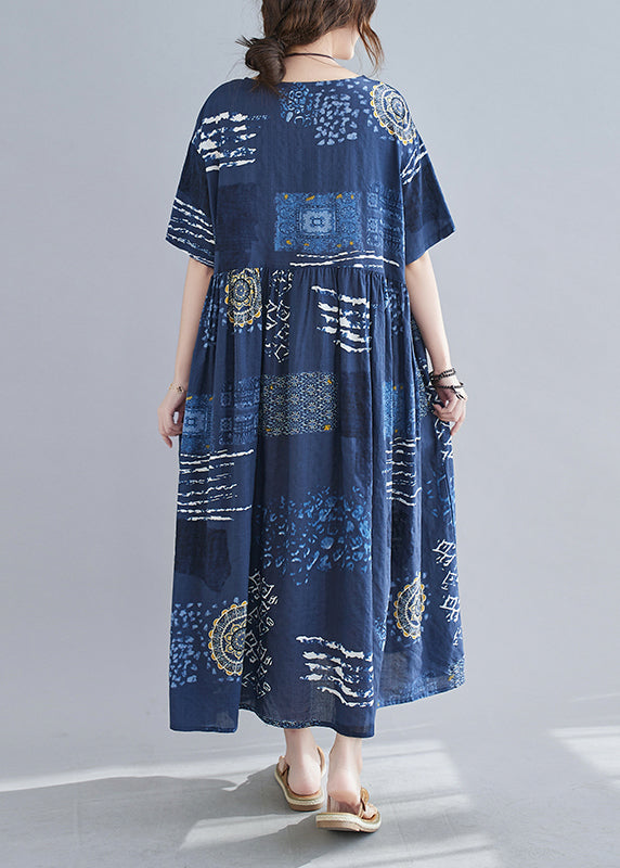 Loose Blue O-Neck Print wrinkled Beach Dress Short Sleeve