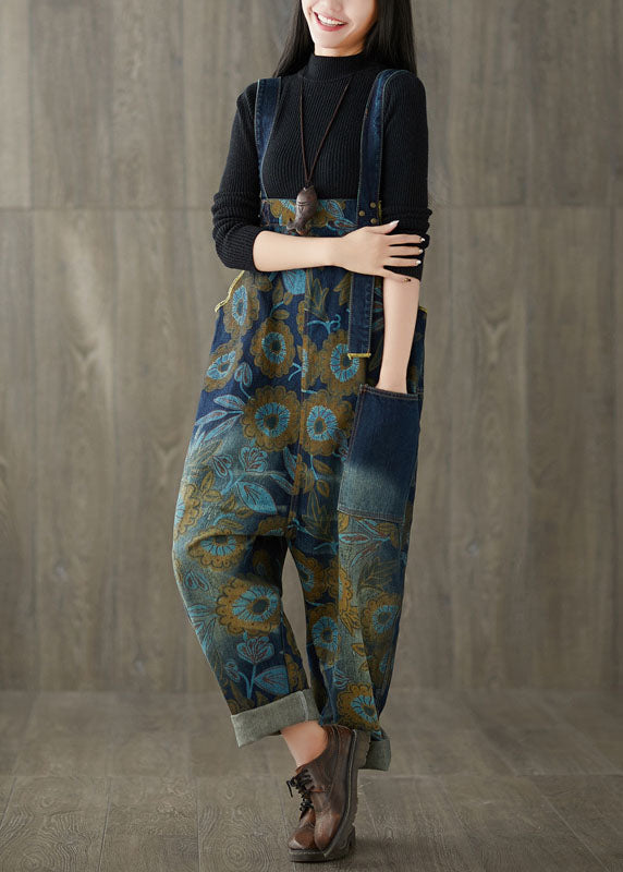 Loose Blue Patchwork Print Denim Wide Leg Jumpsuit Spring