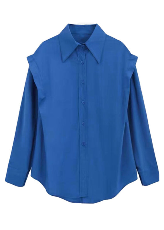 Loose Blue Peter Pan Collar Button Patchwork Cotton Shirt Top Long Sleeve
