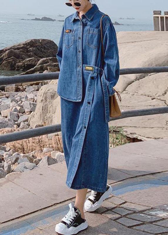 Loose Blue Pockets Button asymmetrical design Fall Denim Long sleeve Long Dress - Omychic