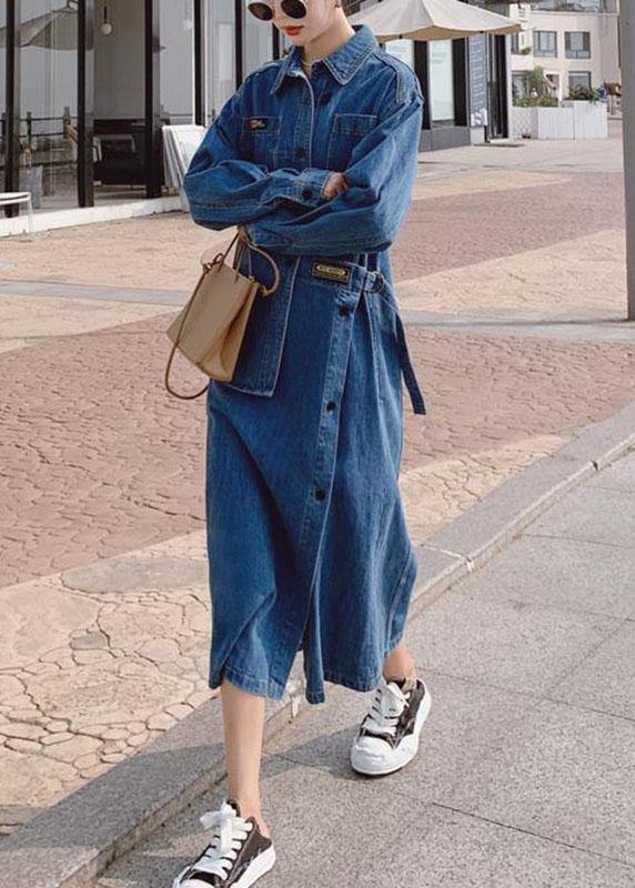 Loose Blue Pockets Button asymmetrical design Fall Denim Long sleeve Long Dress - Omychic