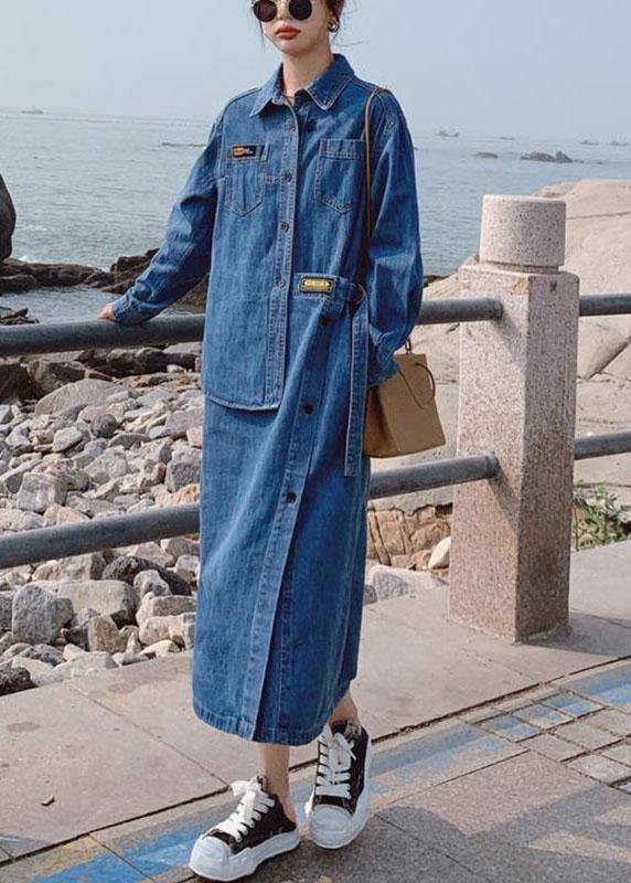 Loose Blue Pockets Button asymmetrical design Fall Denim Long sleeve Long Dress - Omychic