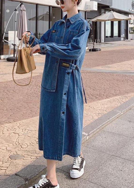 Loose Blue Pockets Button asymmetrical design Fall Denim Long sleeve Long Dress - Omychic