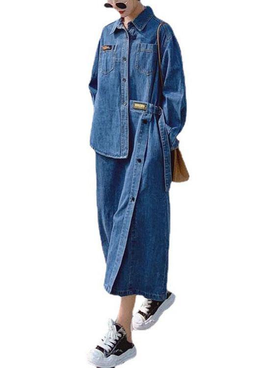 Loose Blue Pockets Button asymmetrical design Fall Denim Long sleeve Long Dress - Omychic