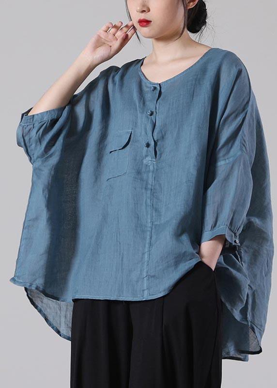 Loose Blue Pockets Cotton Linen Summer Shirt Tops - Omychic