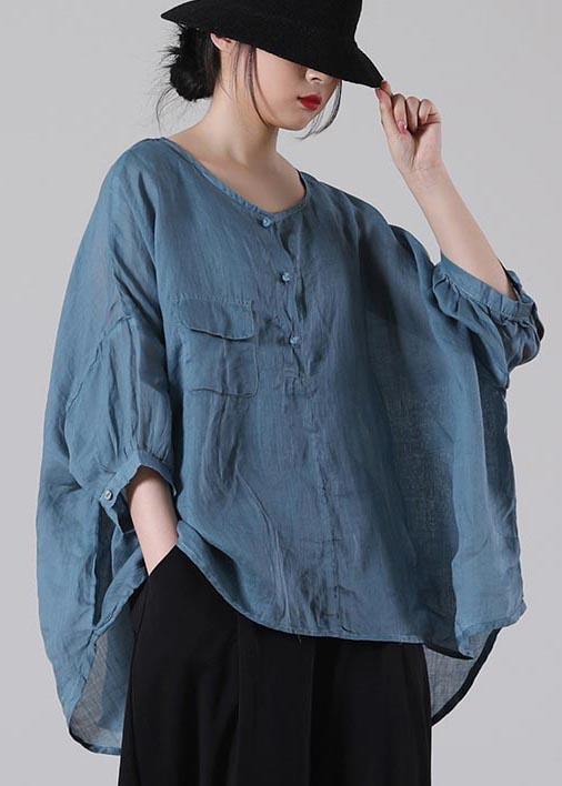 Loose Blue Pockets Cotton Linen Summer Shirt Tops - Omychic