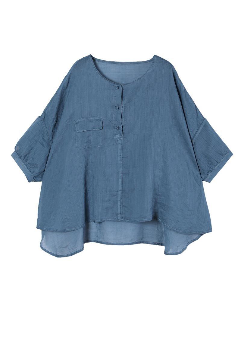 Loose Blue Pockets Cotton Linen Summer Shirt Tops - Omychic