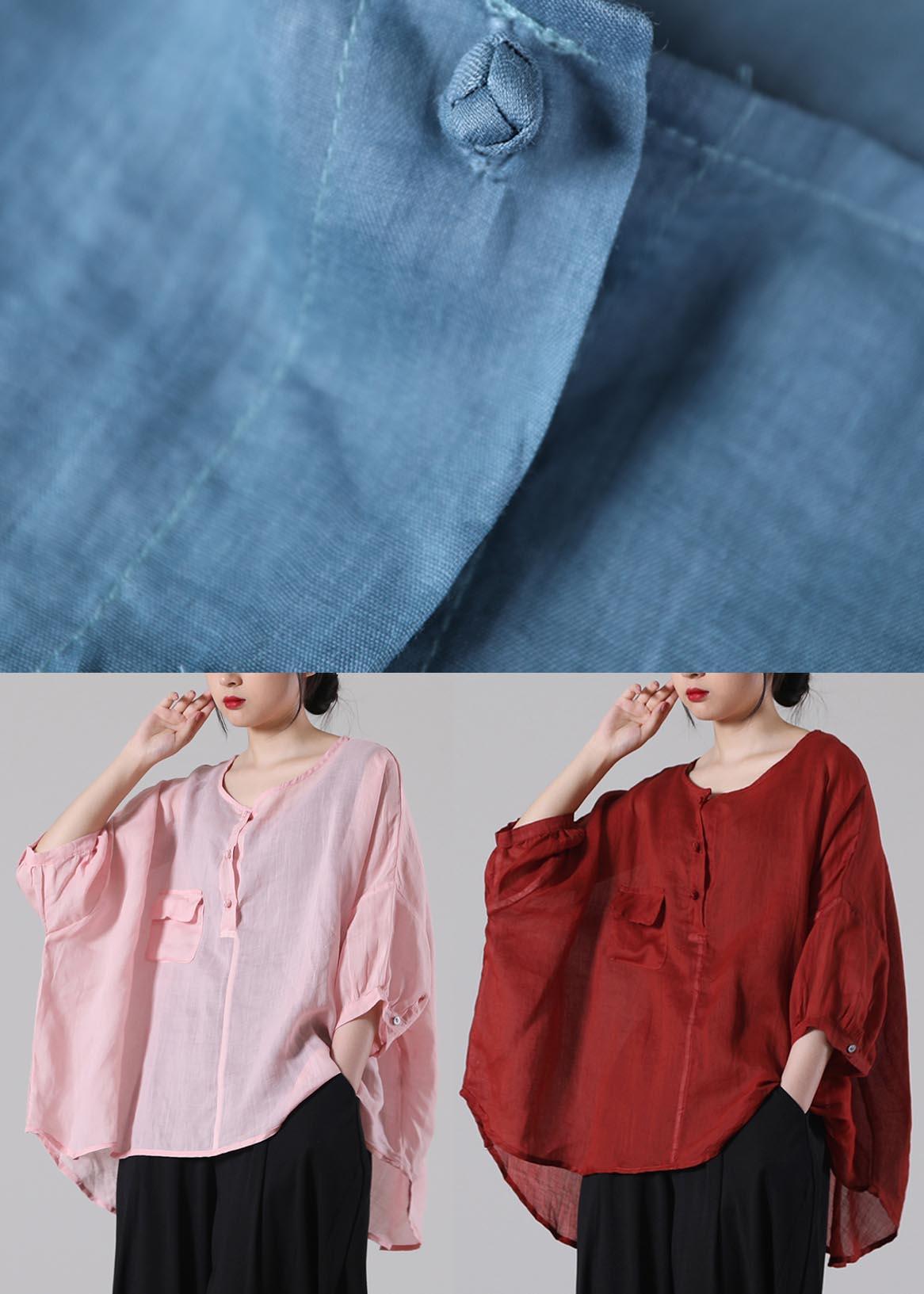 Loose Blue Pockets Cotton Linen Summer Shirt Tops - Omychic