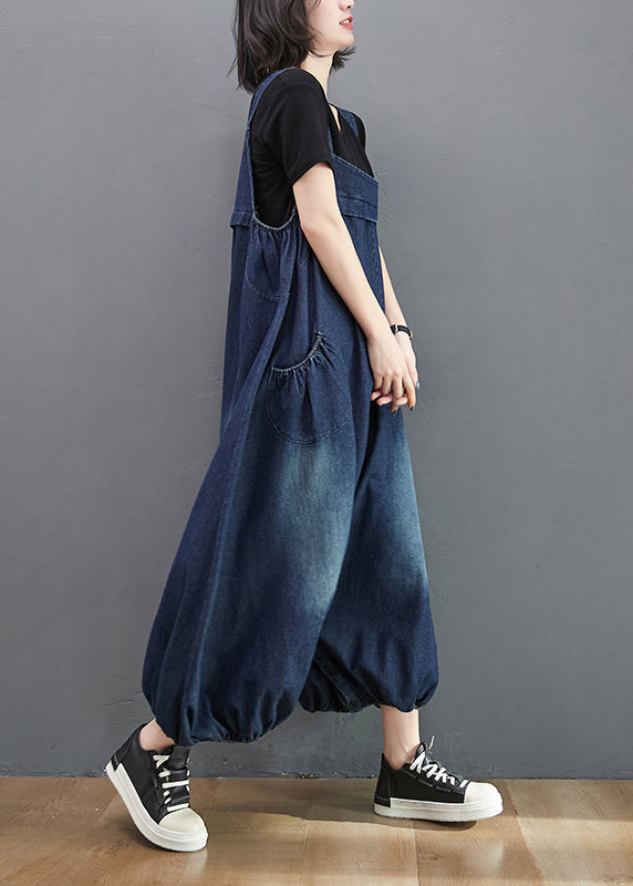 Loose Blue Pockets High Waist Patchwork Jumpsuits Sleeveless