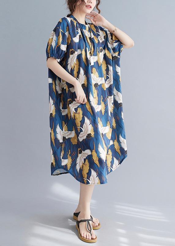 Loose Blue Print Cotton O-Neck Loose Summer Mid Dress ( Limited Stock) - Omychic